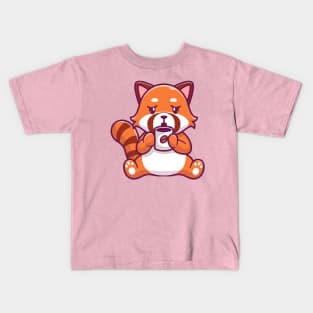 Cute Red Panda Drinking Coffee Cartoon Kids T-Shirt